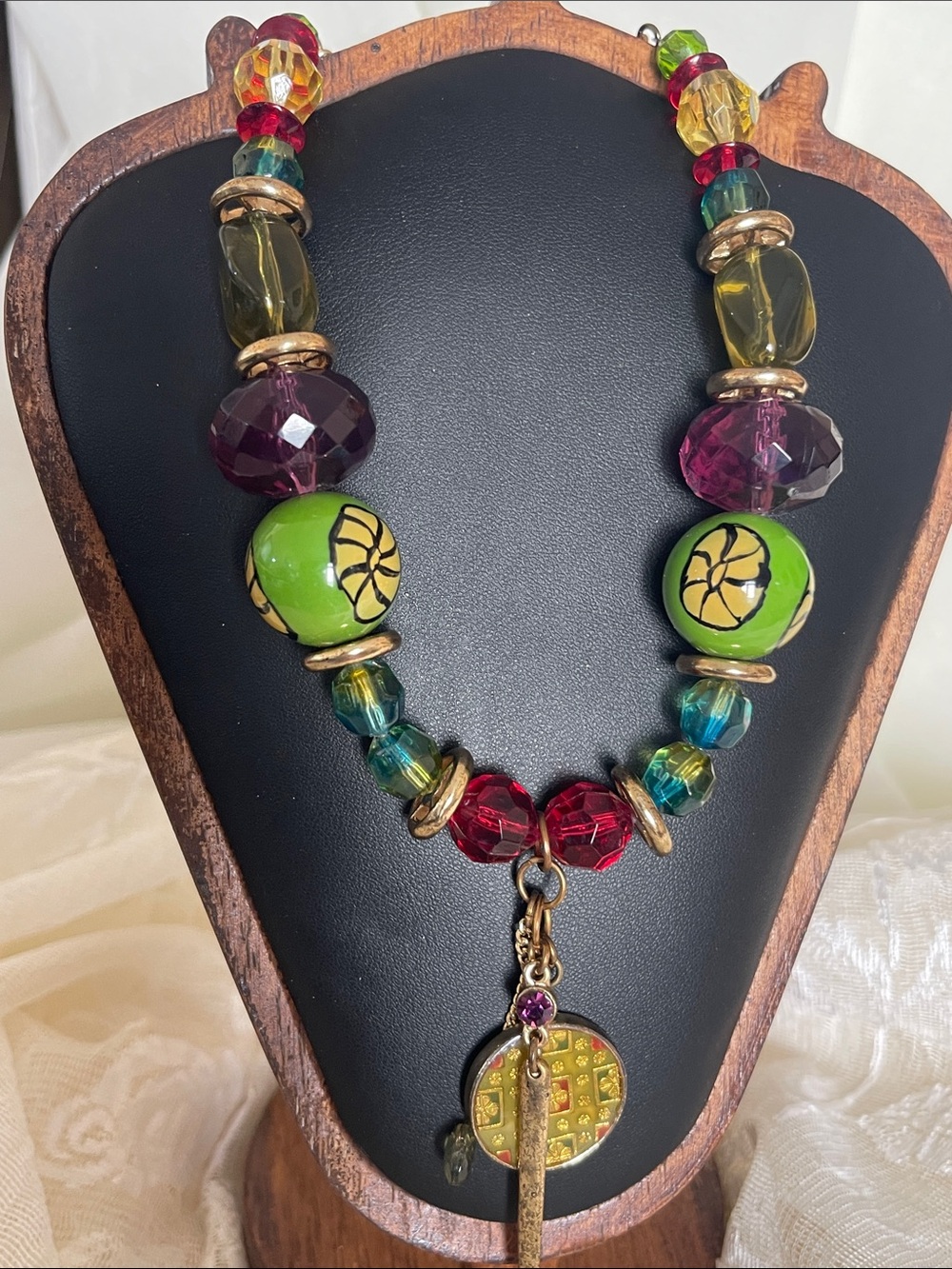 Colorful Multi-Bead Pendant Necklace in Green, Purple, Red, Yellow